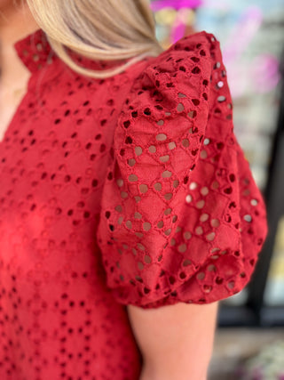 Rust Eyelet Ruffle Midi Dress
