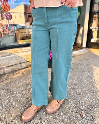 Teal Pinktuck Wide Leg Denim Pants | Zenana
