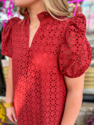 Rust Eyelet Ruffle Midi Dress