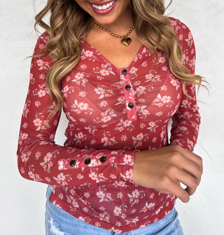 Annie Wine Floral V-Neck Mesh Top