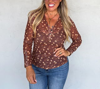 Annie Brown Floral V-Neck Mesh Top