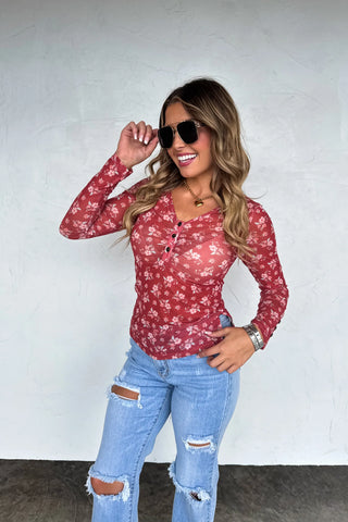 Annie Wine Floral V-Neck Mesh Top