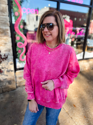 Hot Pink Acid Wash Oversized Fleece Pullover