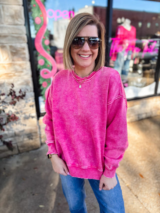 Hot Pink Acid Wash Oversized Fleece Pullover