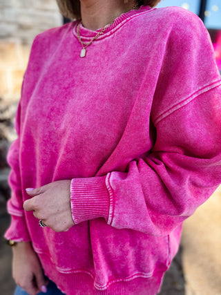 Hot Pink Acid Wash Oversized Fleece Pullover