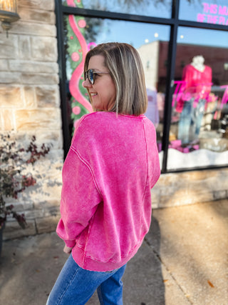 Hot Pink Acid Wash Oversized Fleece Pullover