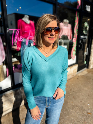 Dusty Teal Ribbed V Neck Drop Shoulder Top