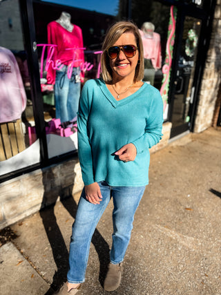 Dusty Teal Ribbed V Neck Drop Shoulder Top