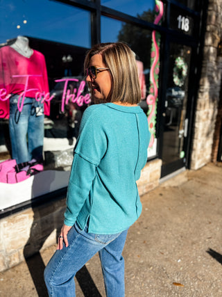 Dusty Teal Ribbed V Neck Drop Shoulder Top