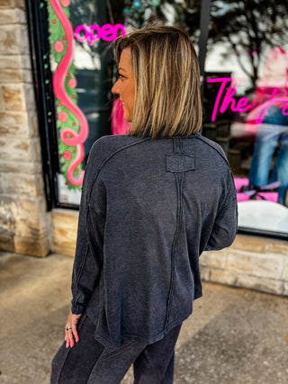 Black Mineral Wash Mock Neck Top