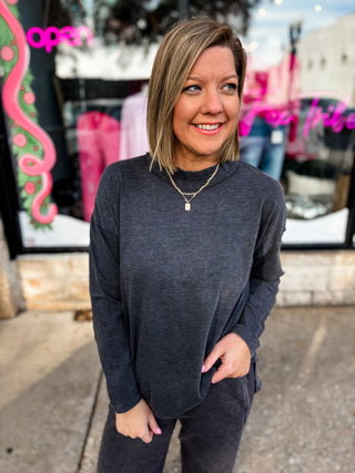 Black Mineral Wash Mock Neck Top