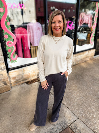 Taupe Mineral Wash Mock Neck Top