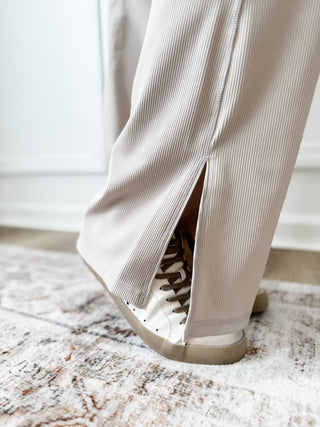 Cream Ribbed Crossover Flare Leggings