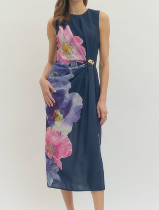 Navy Side Bloom Midi Dress