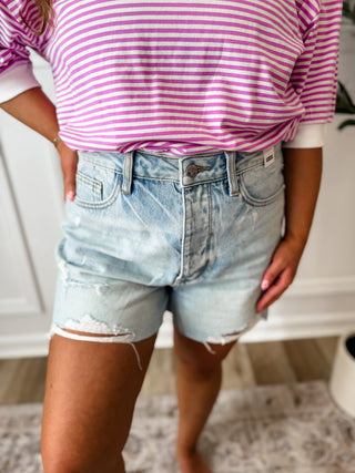Light Wash Rigid Magic Distressed Cut Off Shorts | Judy Blue