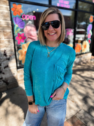 Light Teal Washed Ribbed Scoop Neck Top