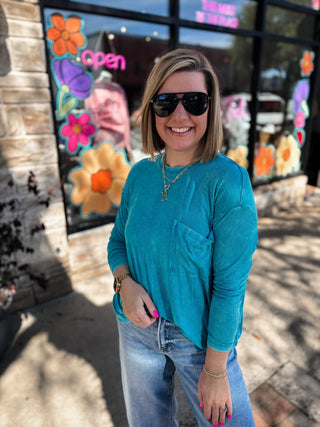 Light Teal Washed Ribbed Scoop Neck Top