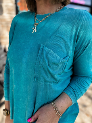 Light Teal Washed Ribbed Scoop Neck Top