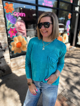 Light Teal Washed Ribbed Scoop Neck Top