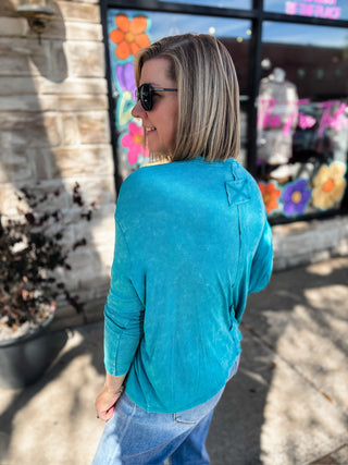 Light Teal Washed Ribbed Scoop Neck Top