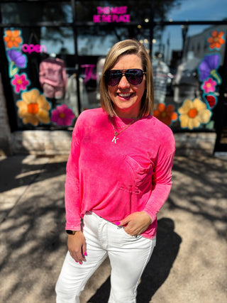 Fuchsia Washed Ribbed Scoop Neck Top