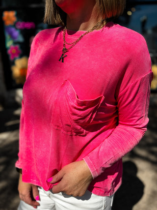 Fuchsia Washed Ribbed Scoop Neck Top