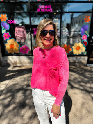Fuchsia Washed Ribbed Scoop Neck Top