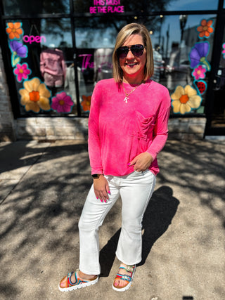 Fuchsia Washed Ribbed Scoop Neck Top