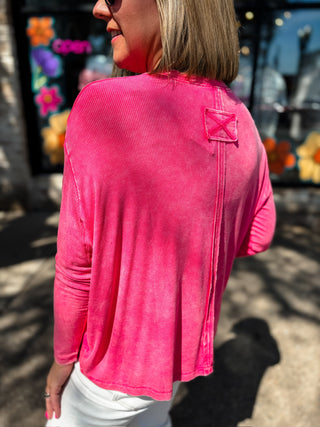 Fuchsia Washed Ribbed Scoop Neck Top