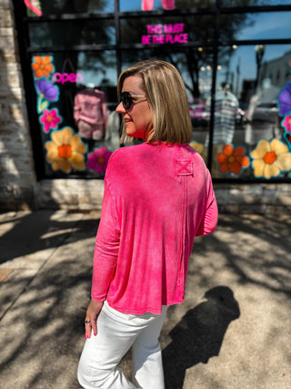 Fuchsia Washed Ribbed Scoop Neck Top