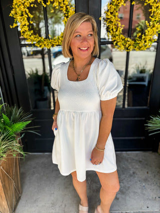 White Textured Puff Sleeve Dress