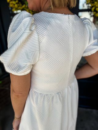 White Textured Puff Sleeve Dress