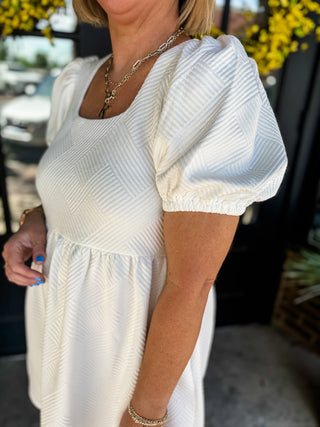 White Textured Puff Sleeve Dress