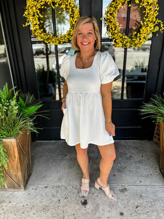 White Textured Puff Sleeve Dress