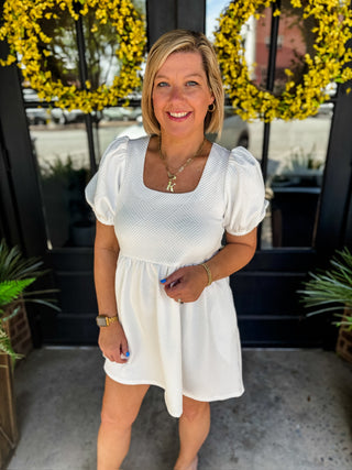 White Textured Puff Sleeve Dress