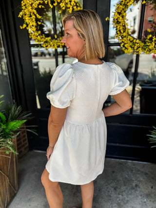 White Textured Puff Sleeve Dress