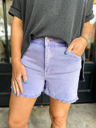 Violet Acid Wash Frayed Hem Shorts