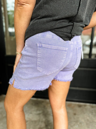Violet Acid Wash Frayed Hem Shorts