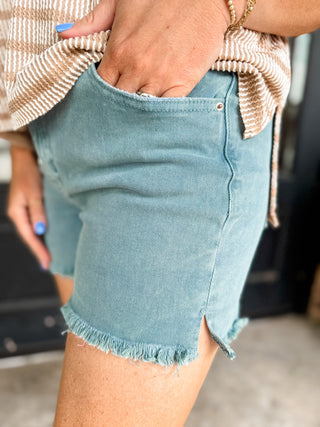 Teal Acid Wash Frayed Hem Shorts