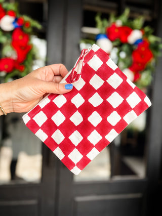 Red Checkered Handcrafted Zipper Pouch