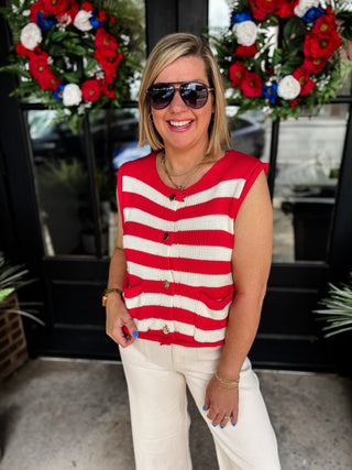 Red Harbor Stripe Button Vest