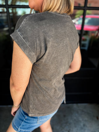 Ash Black Halo Washed Cuffed Sleeve Top