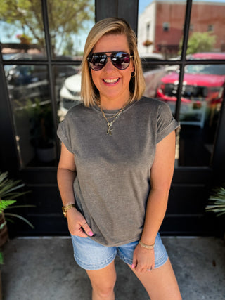 Ash Black Halo Washed Cuffed Sleeve Top