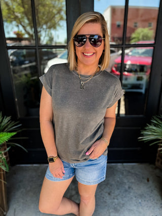 Ash Black Halo Washed Cuffed Sleeve Top