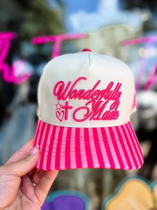 Pink Striped Wonderfully Made Embroidered Hat