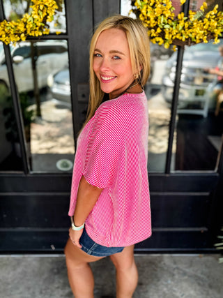 Hot Pink Ribbed Striped Oversized Short Sleeve Top