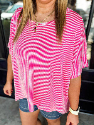 Hot Pink Ribbed Striped Oversized Short Sleeve Top
