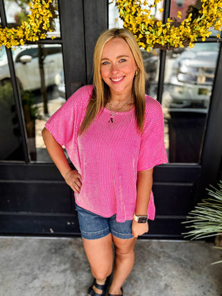 Hot Pink Ribbed Striped Oversized Short Sleeve Top