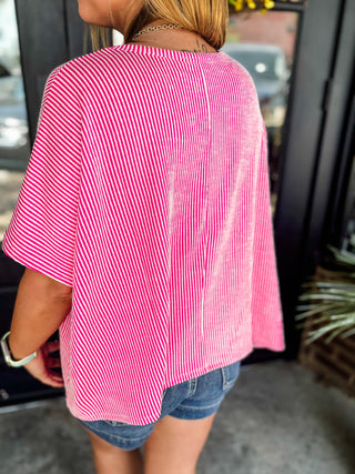Hot Pink Ribbed Striped Oversized Short Sleeve Top