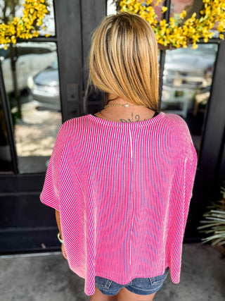 Hot Pink Ribbed Striped Oversized Short Sleeve Top